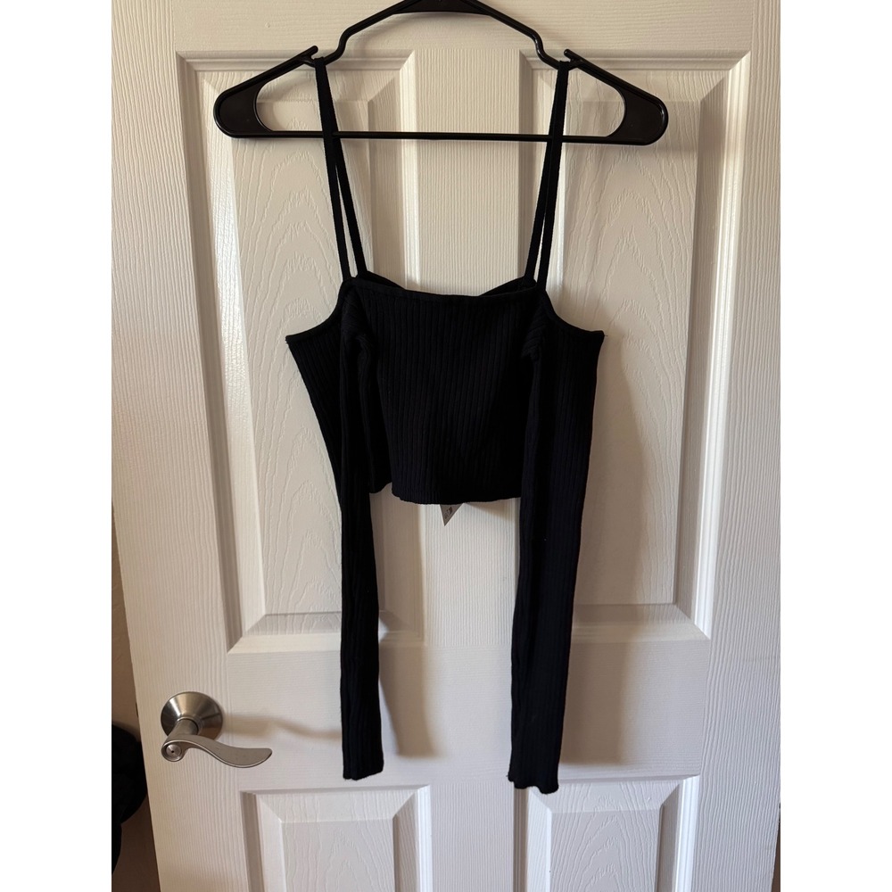 NWT Zara Black Ribbed‎ Cold Shoulder Long Sleeve Crop Top Size Medium
